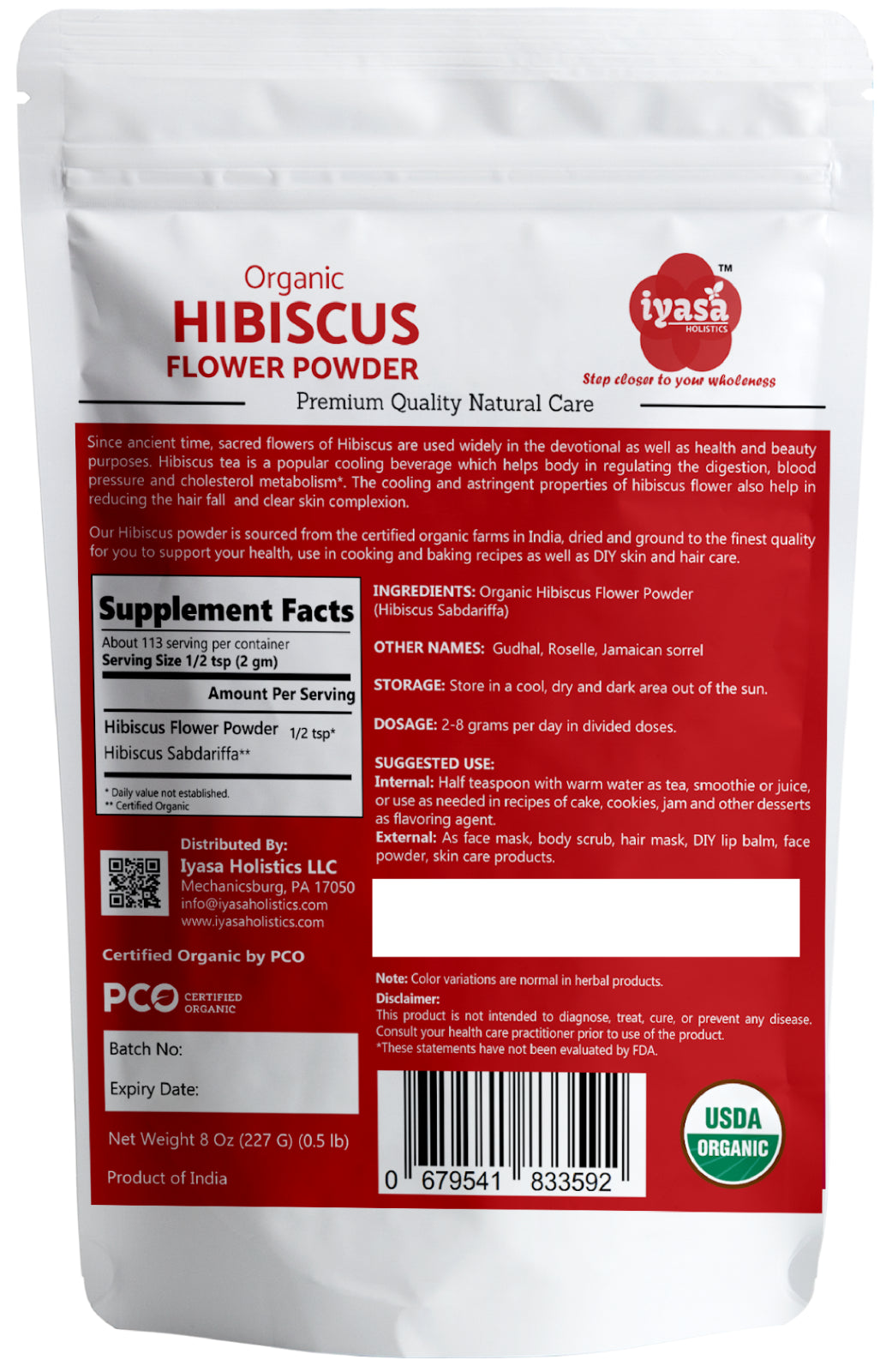 Organic Hibiscus Flower Powder (Hibiscus Sabdariffa) Tea 8,16 Oz Free Shipping